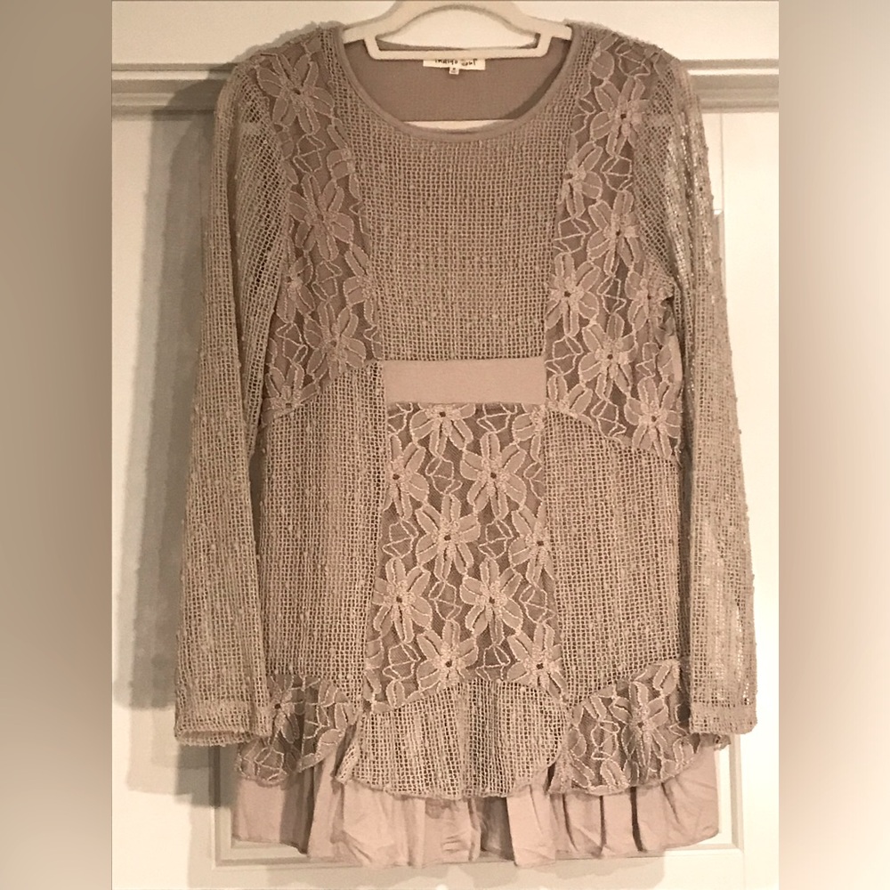 Indigo Soul Taupe Sequins & Lace Light Knit Sweater